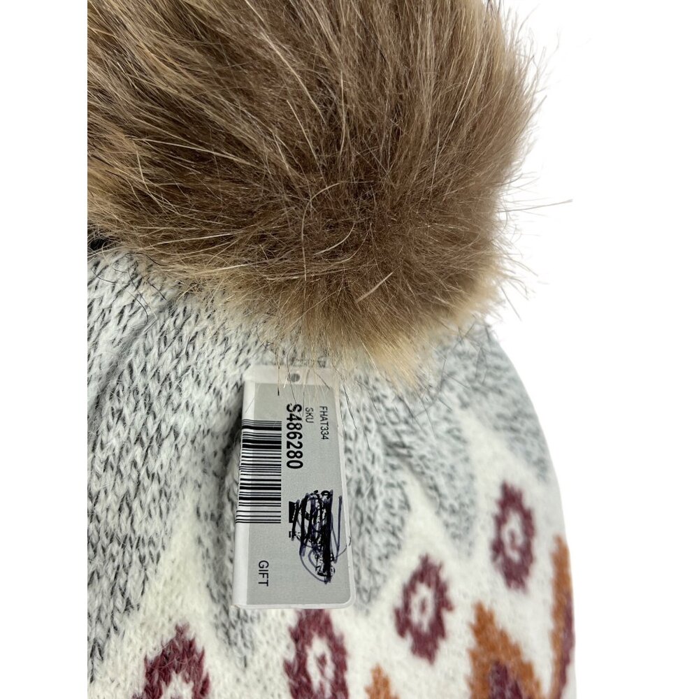 Simply Noel Womens Pom Beanie With Nordic Pattern & Faux Fur Pom Gray & Multicol - Picture 6 of 7